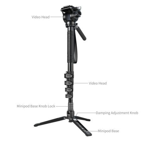SmallRig 6624 - profesjonalny monopod Alu z głowicą video i podstawą (5-sekcyjny, 64-170cm) - szczegóły